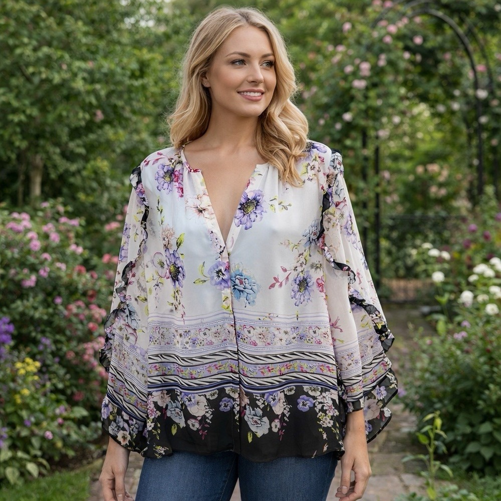 NEW White House Black Market Floral‎ Print Ruffle Trim Blouse Career Preppy XLP